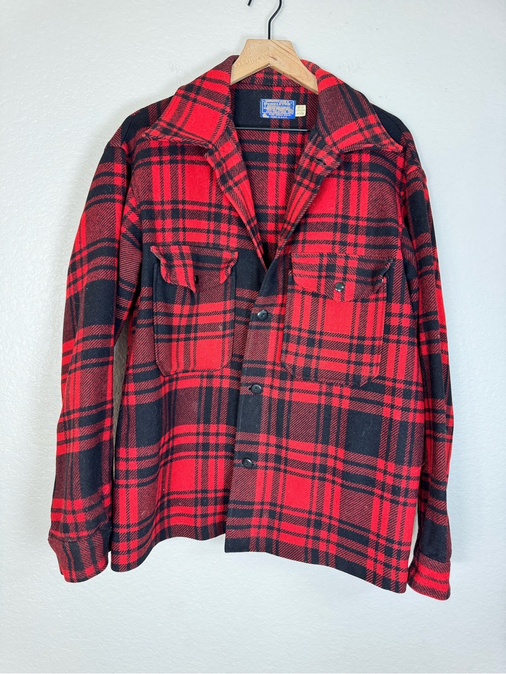 Pendleton Vintage 1970’s 70’s Red Black Buffalo Plaid Wool Shacket Jacket Med